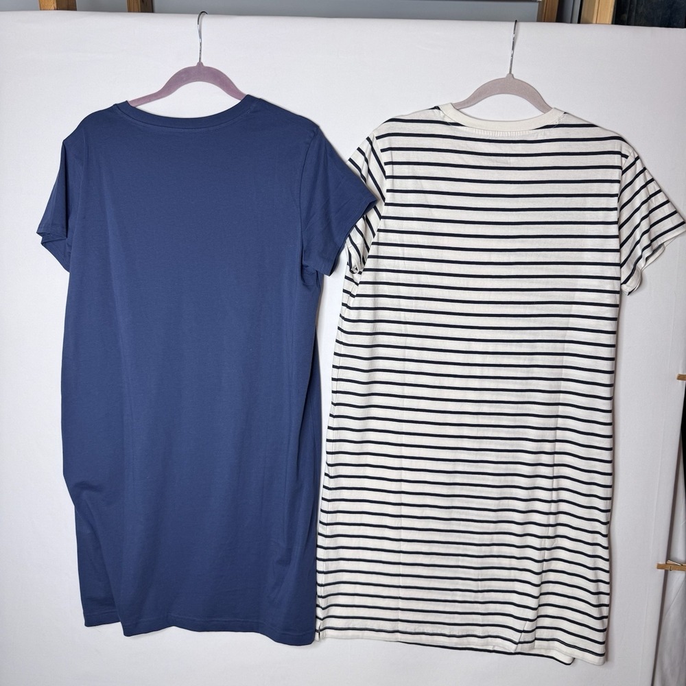 Set of 2 Pact Organic Cotton T Shirt Dress Sz L Pocket Crewneck Striped New - Picture 2 of 11